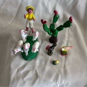Vintage Mexican Folk Art Set Shepard With Sheep , Roster, Chick